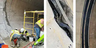Three images, Technicians preparing to install HydraTite, Rubber and steel positioned over a joint, HydraTite installed with three bands