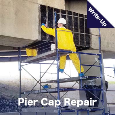 Field Services Technician applying a carbon fiber wrap to a pier cap. 'Pier Cap Repair'