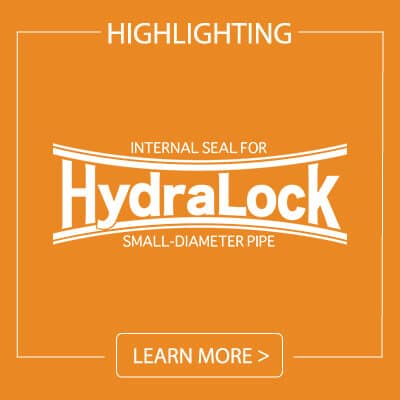HydraLock Logo, 'Highlighting HydraLock, The Internal Seal For Small-Diameter Pipe, Learn More'