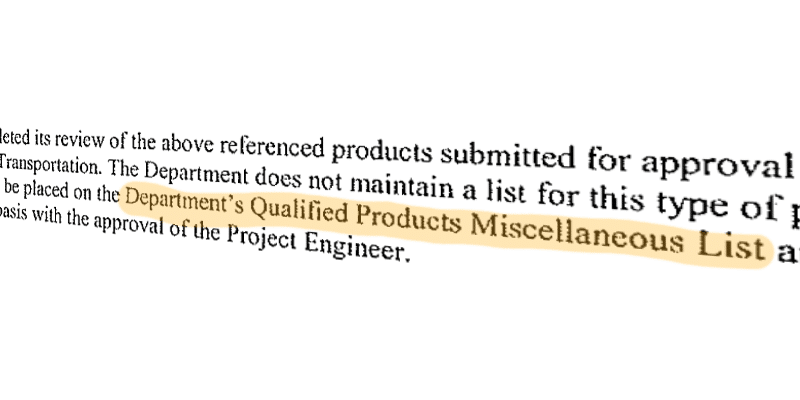 Highlighted text showing that HydraTech is on the 'Department's Qualified Products Miscellaneous List'