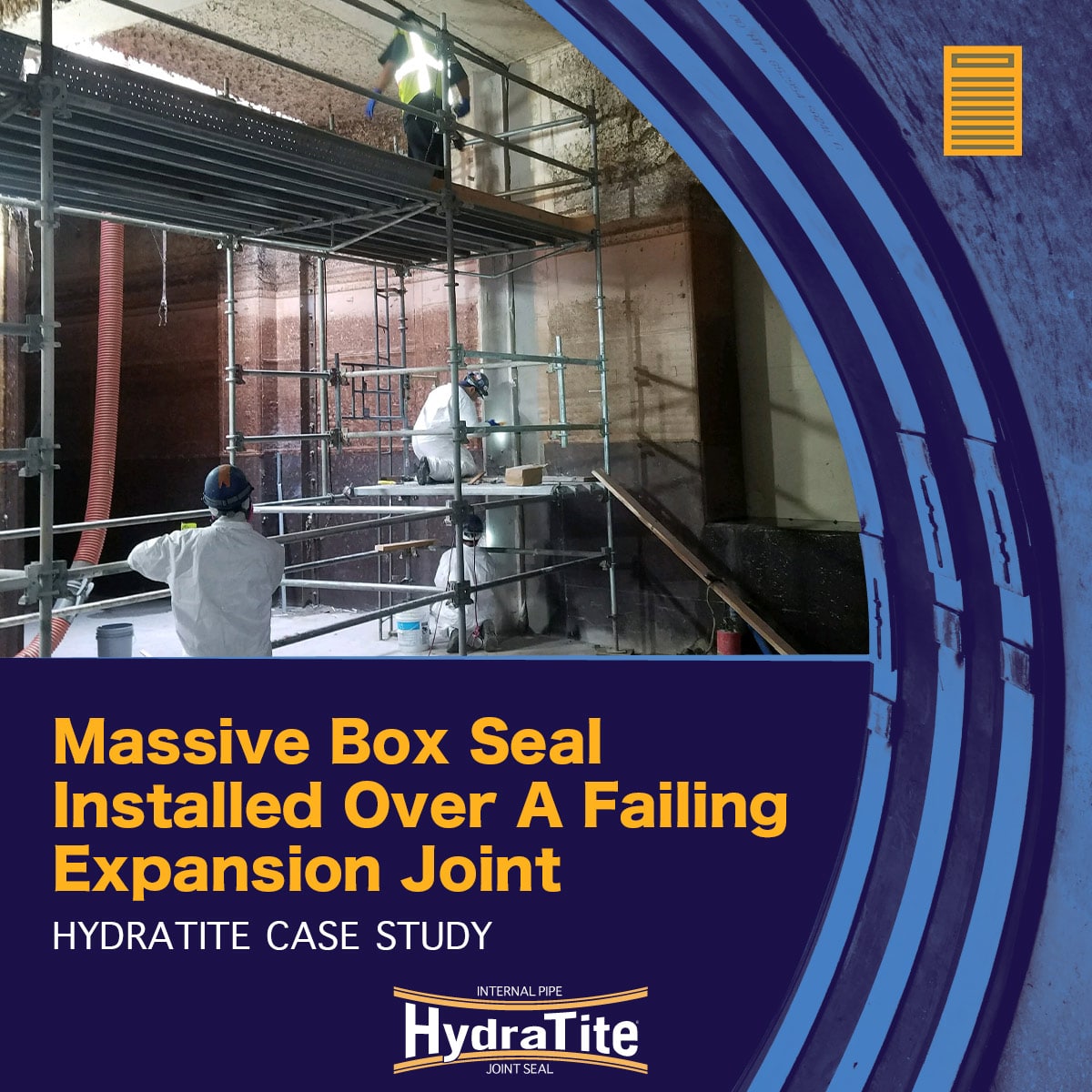 large expansion joint being repaired by a crew using scaffolding, 'Massive Box Seal Installed Over A Failing Expansion Joint'