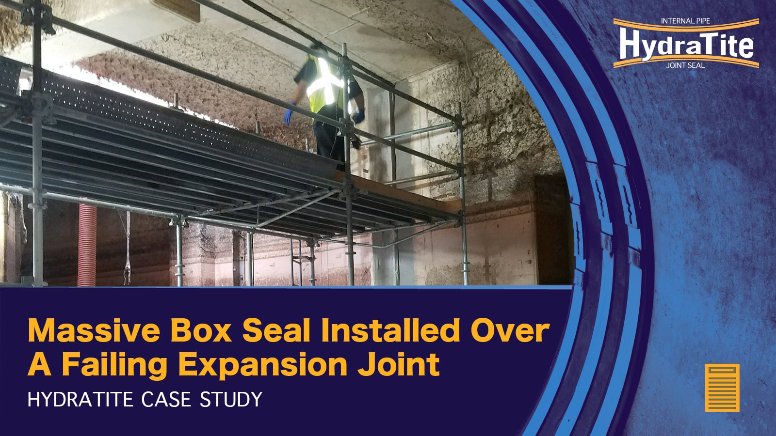large expansion joint being repaired by a crew using scaffolding, 'Massive Box Seal Installed Over A Failing Expansion Joint'