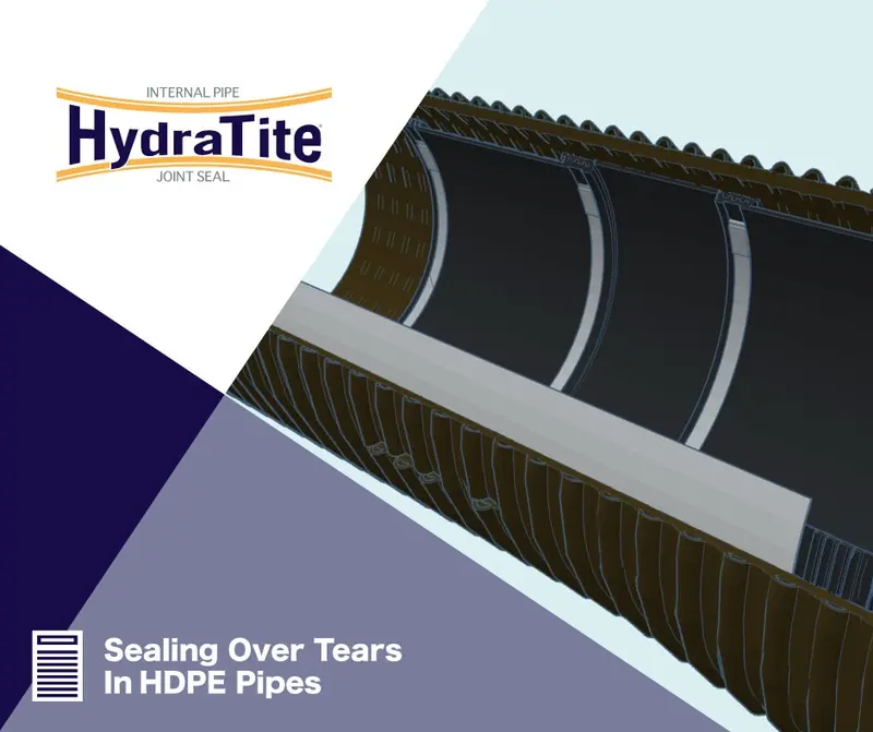 Illustration of HydraTite seals installed in an interlocking fashion, 'Sealing Over Tears In HDPE Pipes'