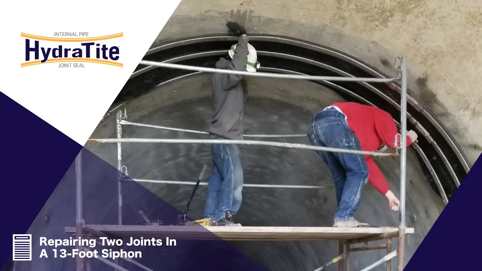 Two technicians on scaffolding installing a large HydraTite seal, 'Repairing Four Joints In 13-Foot Siphons'