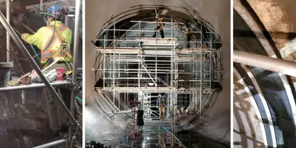 Three images, one of a technician preparing a joint, a wide shot of scaffolding set up in a large pipe, and a HydraTite seal installed over a joint
