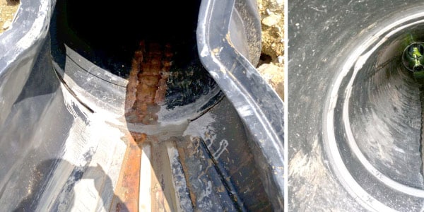 Two images, an entrance to a pipe, HydraTite installed over a joint to protect it against infiltration