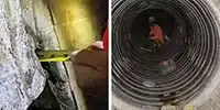Two images, measuring a damaged portion of pipe, a technician installing and interlocking HydraTite seal