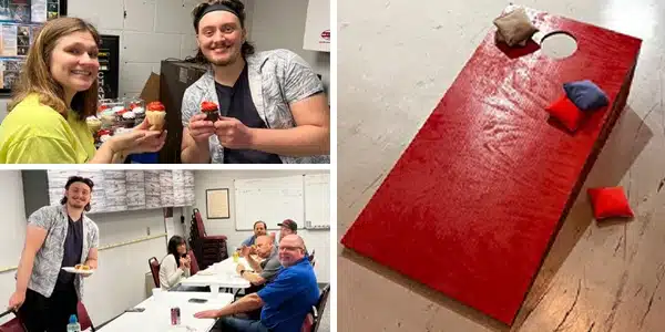 Three images, employees eating cupcakes, employees eating lunch, cornhole game
