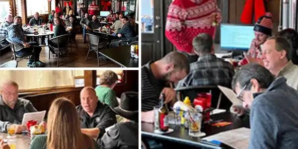 Three images, wide-shot of employees at Christmas lunch, looking over a employee's shoulder at lunch, employees laughing at a table