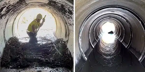 Two images, digging out debris from a culvert, HydraTite installed over many joints in a pipe