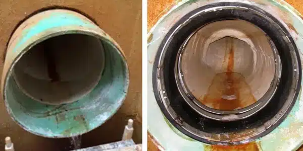 Two images, opening of a pipe in which the pipe has been lined, HydraTite installed over the end of a liner in a pipe
