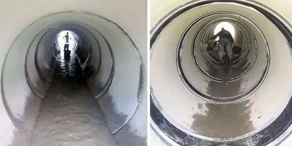 Two images, a row of exposed joints in a pipe, HydraTite installed over joints in a pipe