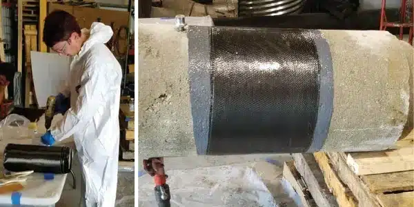 Two images, a HydraTech employee applying wet out into the fibers of the HydraWrap fabric, HydraWrap applied to the exterior of a portion of pipe