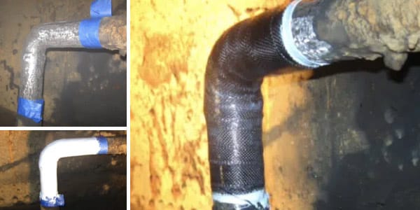 Three images, elbow of a pipe ground clean, epoxy coating an elbow pipe, HydraWrap protecting an elbow pipe