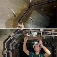 Two images, anchors installed on either side of a box culvert joint, HydraTite being installed in a box culvert