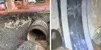 Two images, open end of a culvert, HydraTite installed over a pipe joint
