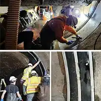 Three images, technician installing HydraTite, many technicians installing HydraTite in a large pipe, HydraTite installed in a pipe over the joint