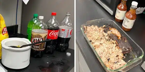 Two images, a crock pot and several 2-liters of pop on a counter, pulled pork and bbq suace