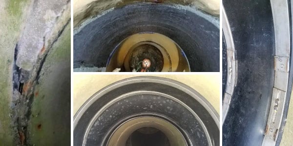 Four images, pipe joint that has become offset and separated, HydraTite applied onto the interior surface of the pipe, HydraTite installed over a joint, close-up of HydraTite over a joint
