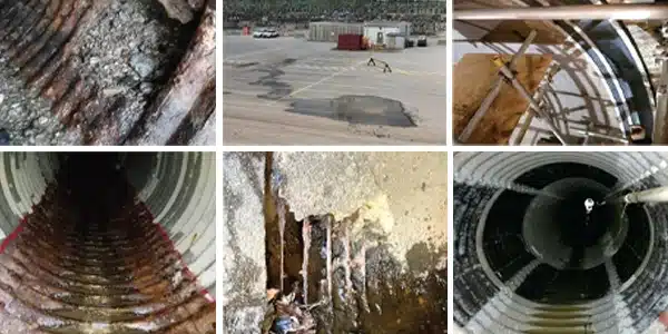 Six images, a portion of pipe that has rusted through, a puddle of water demonstrating the leak in the pipes below, HydraTite installed over a joint in a pipe, rusted invert of a pipe, a portion of pipe that has fallen out near a joint and rebar is exposed, a section of pipe that has been coated and wrapped with HydraWrap