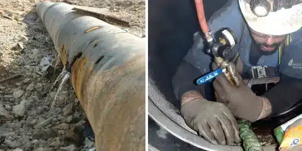 Two images, leaking metal pipe, technician installing HydraTite in a small diameter pipe