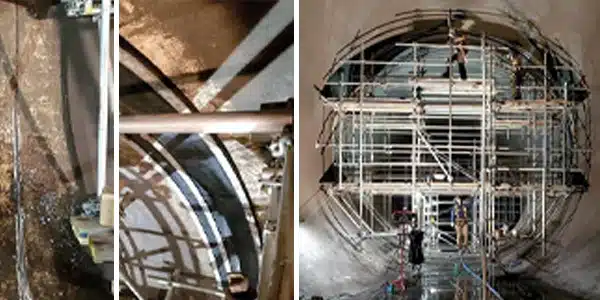 Three images, exposed pipe joint, HydraTite installed over a pipe joint, large scaffolding used to installed HydraTite in a large diameter pipe