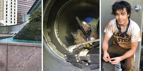Three images, fountain, technician installing HydraTite in a tight pipe, dirty technician