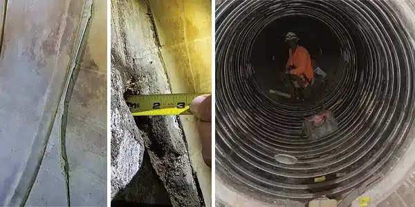 Three images, cracked pipe, measuring a hole in the side of a pipe, technician in a pipe where a large amount of HydraTite seals have been installed in an interlocking sleeve