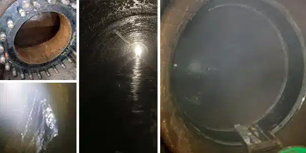 Four images, entrance to a pipe, active leak in a pipe, looking out of a pipe, HydraTite installed over a pipe joint