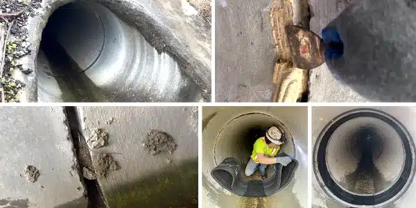 Five images, entrance to a culvert, exposed culvert joint, scrapping the surface of a pipe clean near a joint, a field technician positioning rubber over a joint. HydraTite installed over a joint in a culvert