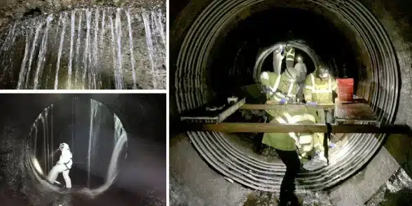 Three images, active leak in joint, large leak in a pipe joint, team installing HydraTite