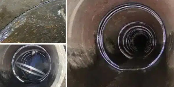 Three images, exposed joint, technicians installing HydraTite in a pipe, a run of pipe with the joints protected using HydraTite