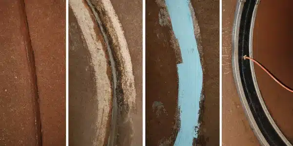 Four Images, exposed joint in a pipe, interior surface of a pipe near a joint that has been clean, epoxy applied to the interior surface of a pipe at the joint, a HydraTite seal installed over a joint in a pipe that is being air tested