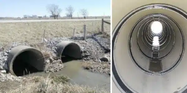 Two images, an entrance to a twin culvert that runs below a road, a long stretch of pipe in which the joints have been rehabilitated with HydraTite