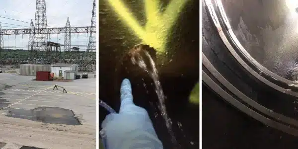 Three images, a puddle on the ground near a power plant, a gloved hand pointing out a leak, HydraTite installed over a joint to protect against infiltration
