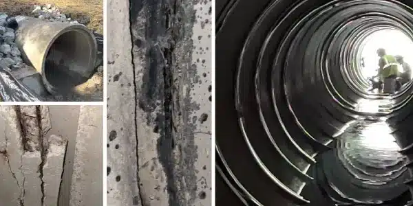 Four images, entrance to a culvert, joint in a pipe in which part of the concrete has fallen out and exposed rebar, a joint in a pipe that was previously repaired but the repairs have failed, a row of joints in a pipe that have been repaired utilizing HydraTite Internal Pipe Joint Seals
