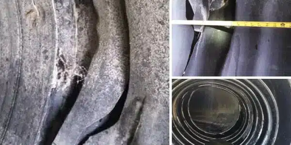 Three images, crack in a pipe, measuring a crack in a pipe, HydraTite installed in an interlocking sleeve in a pipe