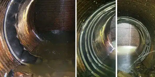 Three images, HydraTite installed over a joint, HydraTite installed over a joint with 4 retaining bands, HydraTite installed in a pipe
