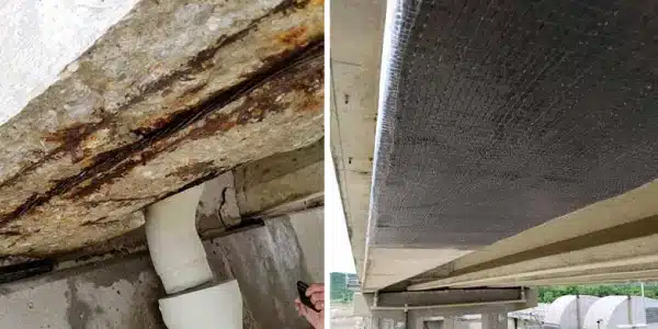 Two images. exposed rebar below a bridge, fiber wrap covering a portion of failing concrete under a bridge