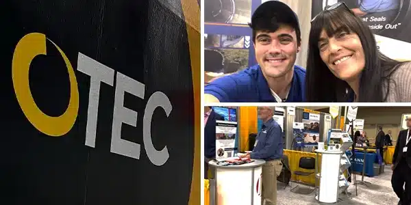 Three images, OTEC logo, employees leaning in close together at a booth, many booths at a tradeshow
