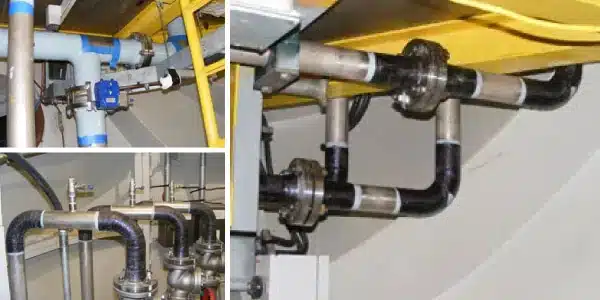 Three images, epoxy primer applied to the exterior of a pipe, HydraWrap applied to the bend of several pipes, portions of pipe reinforced with HydraWrap in two pipelines
