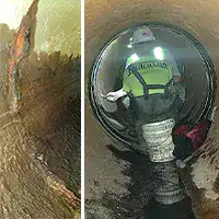 Two images, pipe joint with mineral build up, technicians installing HydraTite in a pipe