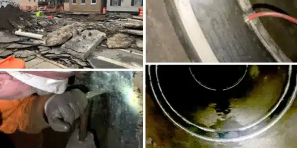 Four images, road that is damaged from a sinkhole, technician removing mineral build-up, HydraTite being air tested, multiple HydraTite seals installed over joints in a pipe