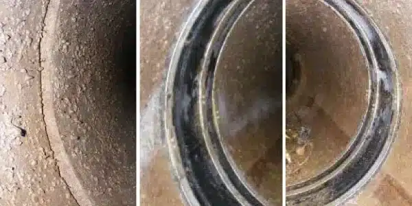 Three images, a pipe joint that has become separated, a joint covered by HydraTite, HydraTite installed over a joint to prevent infiltration