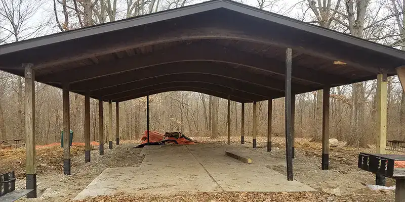 A pavilion whose posts have been reinforced with HydraWrap