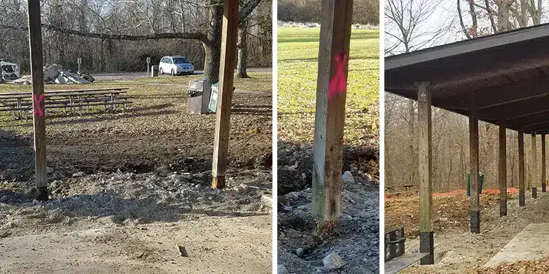 Three image, posts that have become degraded by the elements, a post where a portion of the base has rotted away, a row of post that have had a portion of their base reinforced with HydraWrap