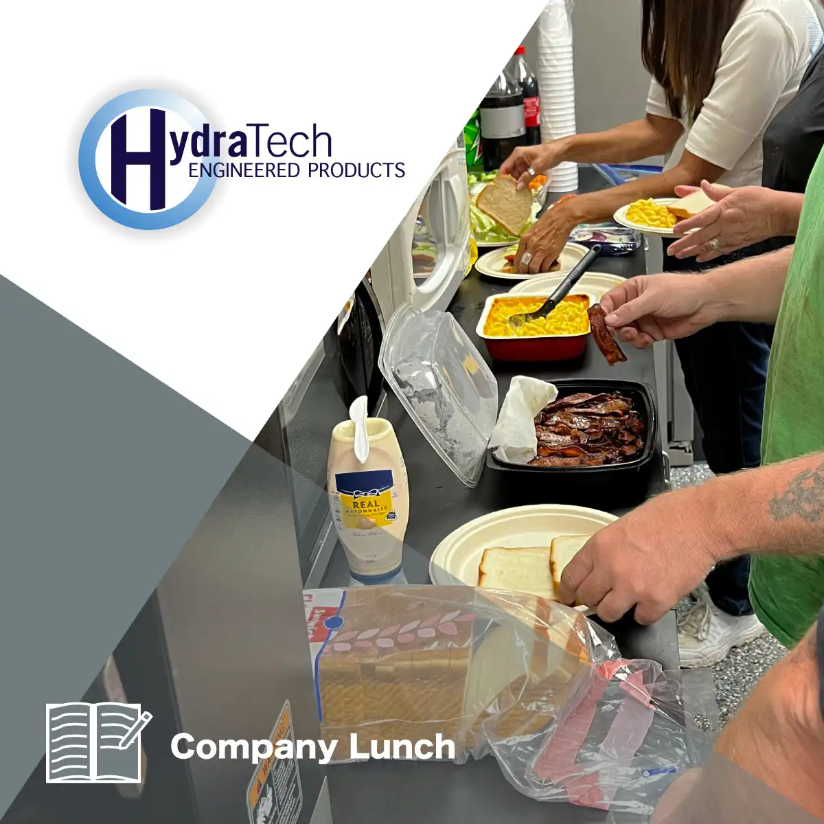 Employees putting food on plates, 'Company Lunch'