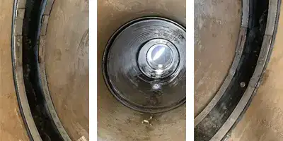 Three images, HydraTite installed over a joint, Looking down a pipe, HydraTite installed over a joint
