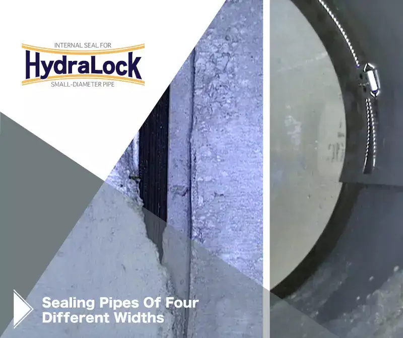 Two images, one of damaged concrete near a joint, HydraLock Installed over a joint, 'Sealing Pipes Of Four Different Widths'