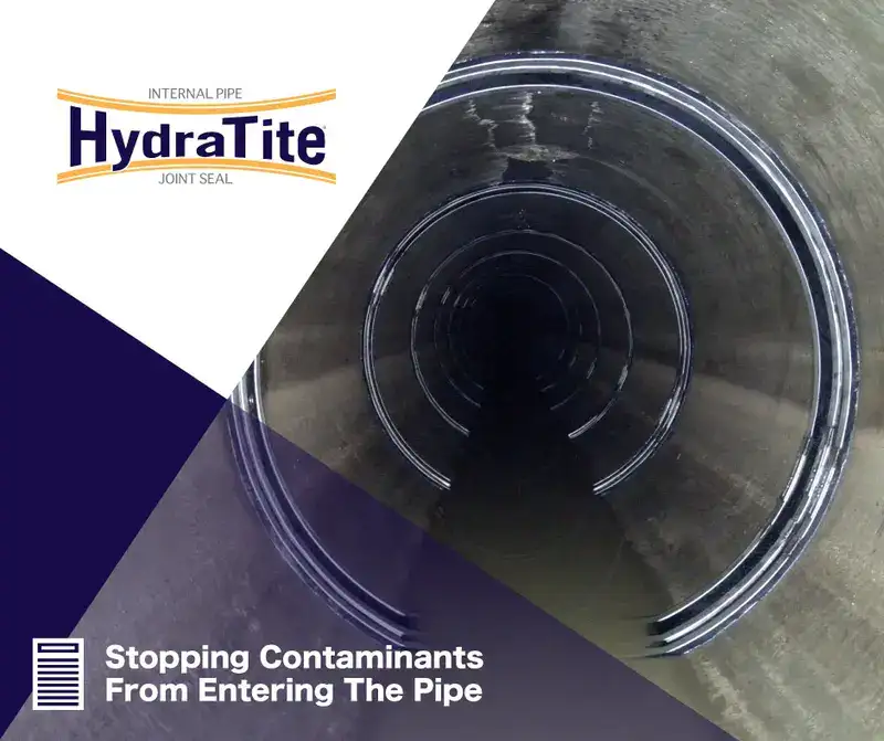 Several joints in a pipe that have been sealed with HydraTite, 'Stopping Contaminats From Entering the Pipe'